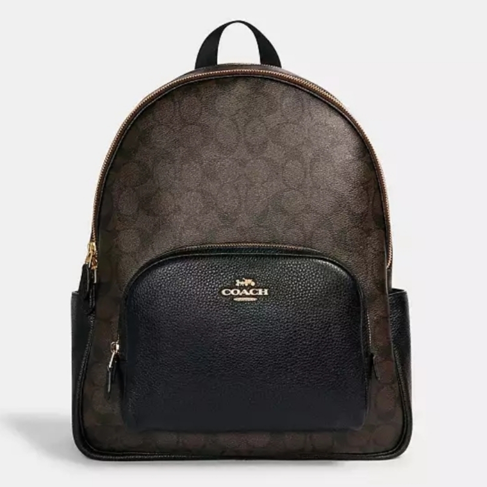 New! Coach Large Court Backpack in Signature Canvas Leather Gold Brown Black